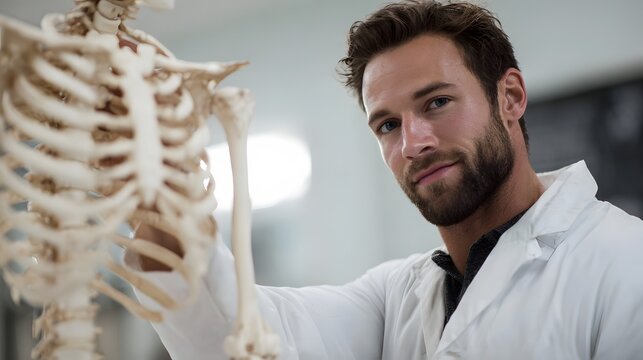 A focused male medical student in a white lab coat carefully examines a detailed human skeleton model in a bright laboratory setting - Powered by Adobe