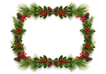 Festive Christmas Holiday Frame with Evergreen Pine Branches, Holly Leaves, Red Berries, and Pinecones on White Background.