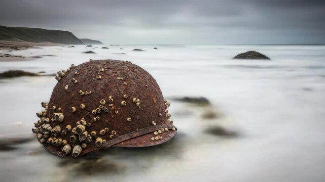 Rusty military helmet covered in barnacles on sandy beach with ocean waves, evoking war and history.