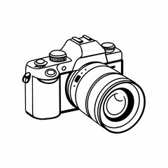 Stylized digital camera vector illustration with lens, body, and controls.
