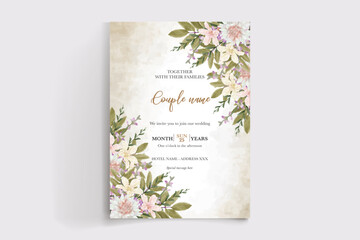 WEDDING INVITATION FRAME WITH FLOWER DECORATIONS AND FRESH LEAVES