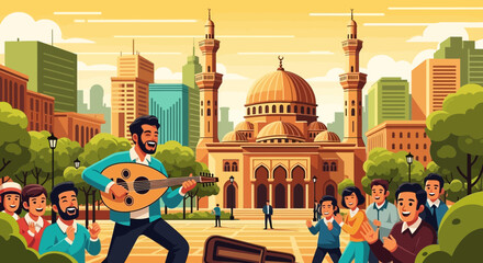 Harmonious gathering with oud music in the backdrop of a majestic mosque © amel