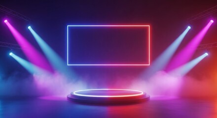 Futuristic Neon Stage with Glowing Podium, Vibrant Spotlights, and Dynamic Fog Effects for Events and Presentations