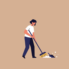 Woman sweeping floor with broom and dustpan, cleaning. Minimalist style