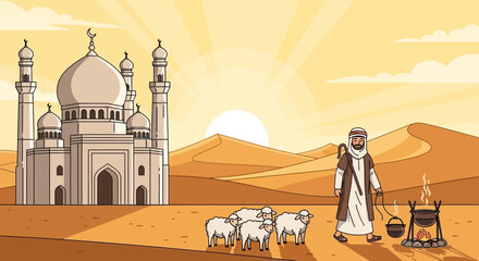 Illustration of a shepherd and his flock with a desert backdrop and majestic mosque © amel