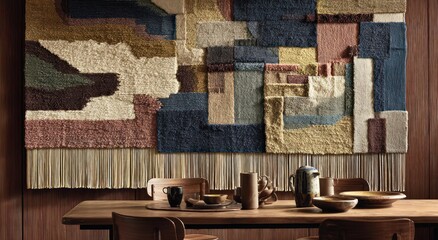 A vibrant tapestry wall hanging, featuring a patchwork design in various earthy tones, hangs above a wooden dining table.