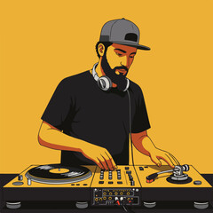 Cartoon DJ in action, spinning a record on yellow turntables against an orange backdrop