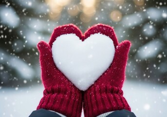 Close-up of hands in red mittens holding a heart-shaped snow in a snowy winter scene with falling snowflakes and blurred golden lights.
