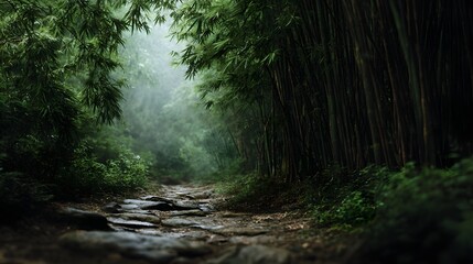 Obraz premium A stone pathway winds through a dense misty bamboo forest illuminated by soft morning light