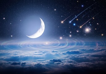 Dreamy Cosmic Night: Ethereal Crescent Moon, Dazzling Shooting Stars, and Swirling Nebula above a Cloudscape