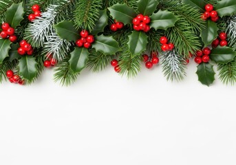 Christmas and Holiday Border with Evergreen Pine Branches, Holly Leaves, and Red Berries on a White Background with Copy Space
