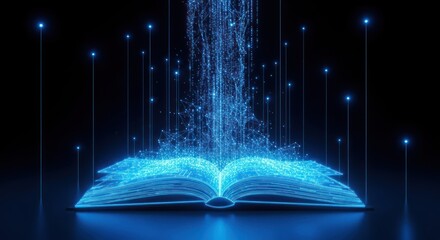 Futuristic open book generating a luminous stream of abstract digital data and interconnected particles, symbolizing knowledge, technology, and artificial intelligence.