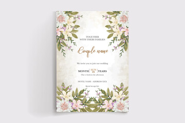 WEDDING INVITATION FRAME WITH FLOWER DECORATIONS AND FRESH LEAVES