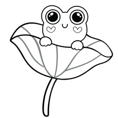 Black line art of little frog in leaf