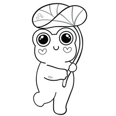 Black line art of cute frog holding umbrella 