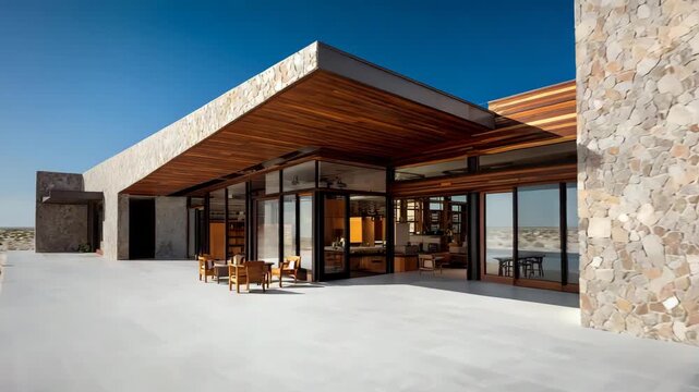 Minimal desert house with natural stone cladding and flat lines, wide open sandy foreground