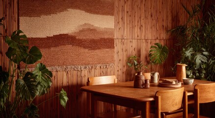 A warm and inviting dining area showcases a textured terracotta wall hanging against a rich bamboo paneling, illuminated by natural light and filled with lush green plants.