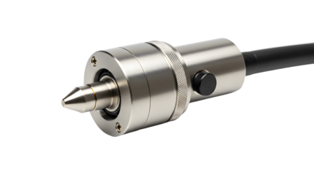 Industrial Metal Sensor Probe with Black Cable on White Background for Precision Measurement