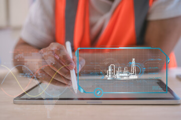 Engineer analyzing big data and digital analytics on tablet with futuristic interface overlay representing data science, AI, cloud computing, IoT, smart industry, and digital transformation.
