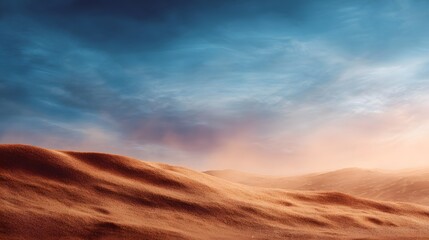 Expansive desert landscape with rolling sand dunes under a dramatic atmospheric sky