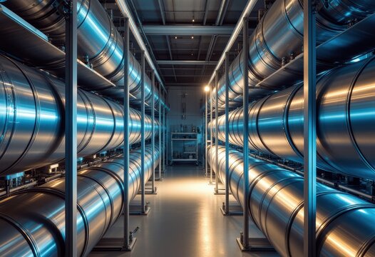 Wide shot of a cryo lab featuring shiny cylinders and shielded racks