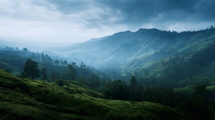 Fototapeta premium Misty mountains and verdant tea plantations on rolling hills under a dramatic overcast sky creating a serene yet moody landscape