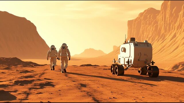Two astronauts walking on Mars followed by a rover - Powered by Adobe
