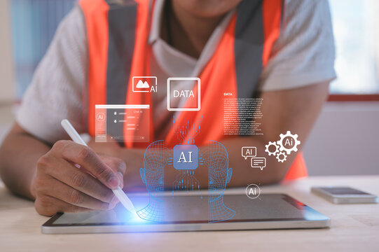 Engineer analyzing big data and digital analytics on tablet with futuristic interface overlay representing data science, AI, cloud computing, IoT, smart industry, and digital transformation.