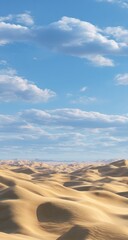 Expansive sand dunes stretch beneath a vast, cloud-filled sky, showcasing a serene desert landscape.