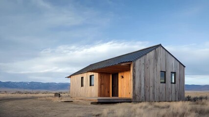 Minimalist rural house with clean structure and natural wood siding, standing alone in quiet open landscape - Powered by Adobe