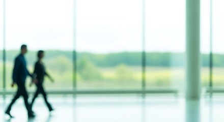 Two business people walking in a modern office building with large windows.