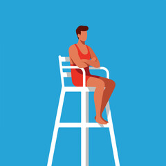 Fototapeta premium Lifeguard in red swimsuit sitting in white tall chair against blue background