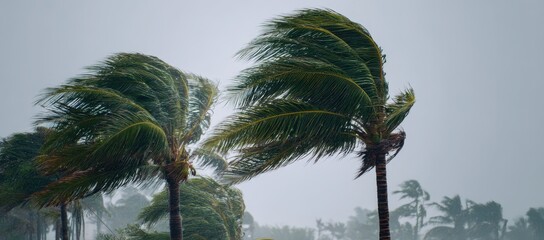 Strong Winds and Stormy Skies Over Tropical Palm Trees