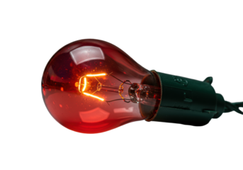 A vibrant red, glowing classic incandescent mini christmas light bulb with a dark green wire, centered on a transparent background with bokeh, emphasizing intricate detail and radiant warmth