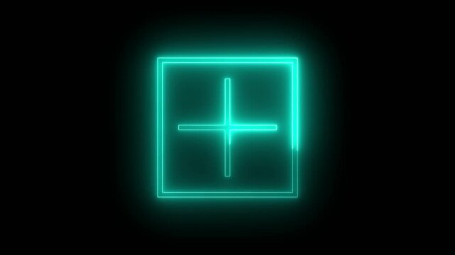 Glowing neon plus sign in a square on a black background.