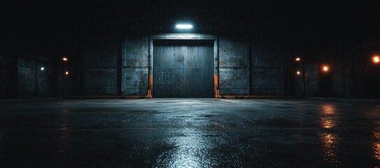 Dark Industrial Warehouse Scene with Rain and Wet Concrete Floor