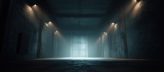 Dimly Lit Warehouse Interior with A Mysterious Closed Door