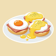 Plate of three breakfast sandwiches with egg, ham, sauce, on tan background