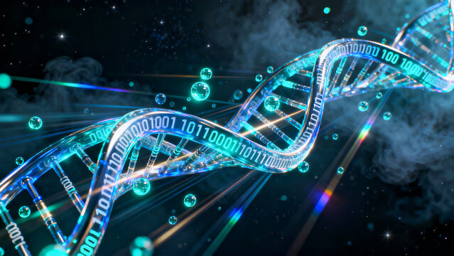 Digital dna helix with binary code and glowing bubbles floating in a dark space background design - Powered by Adobe
