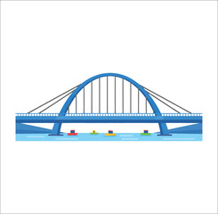 Art & Illustration
Modern blue arch bridge over river with boats passing below, vector illustration