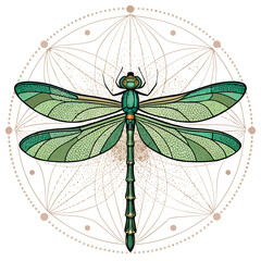 A stylized green dragonfly centered within a geometric mandala pattern.