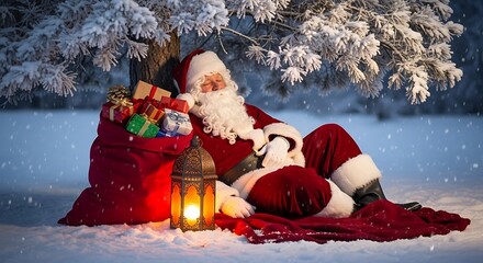 Santa Claus Resting Under a Snowy Tree at Night.