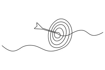 Target with arrow hitting center one continuous line drawing archery goal illustration
