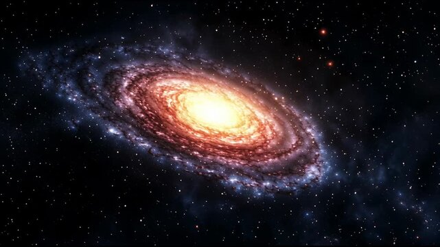 Luminous spiral galaxy gently rotating amid vast cosmic expanse, radiating ethereal glow surrounded by countless twinkling stars and distant celestial objects