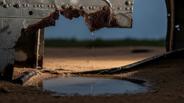 Close-up of rusting metal with water droplets forming puddle, symbolizing decay and rust.