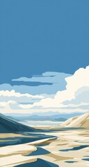 A serene, stylized landscape showcases a valley, mountains, and a beautiful sky filled with puffy clouds.