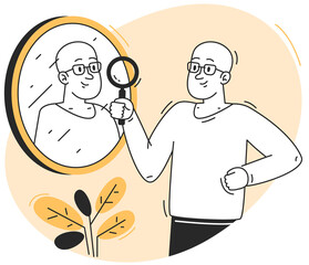 Man Observing Reflection in Mirror with Magnifying Glass on Transparent Background in Minimalist Design