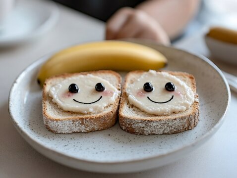 Two slices of toasted bread with smiling faces made of cream cheese, berries, and chocolate chips, served with a banana on a speckled plate