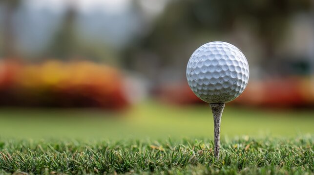 Close-up of golf ball on tee ready for swing on a sunny golf course with green grass background