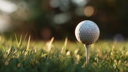 Close-up of golf ball on tee ready for swing on a sunny golf course with green grass background